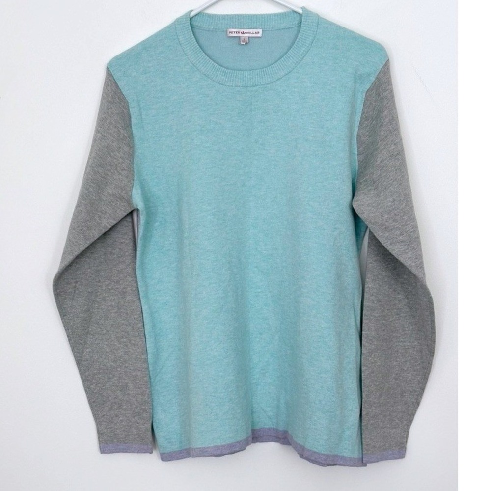 Peter Millar Colorblock Sweater Womens Large Cotton Blend Crew Neck Teal Gray